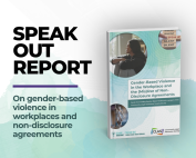Image of physical version of CLAS report. Image caption: "Speak Out Report: On gender-based violence in workplaces and non-disclosure agreements". On light teal background.